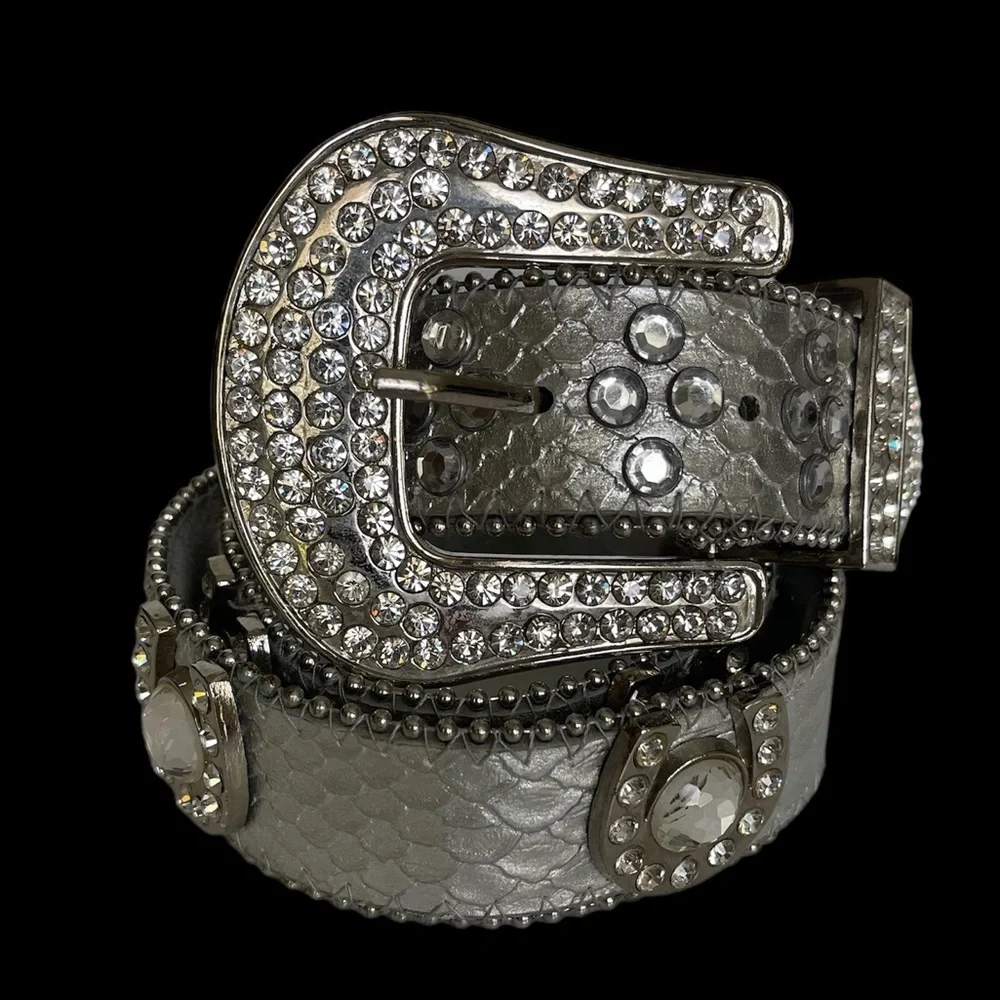 Western Cowgirl metallic silver rhinestone horseshoe bling leather belt Size M/L